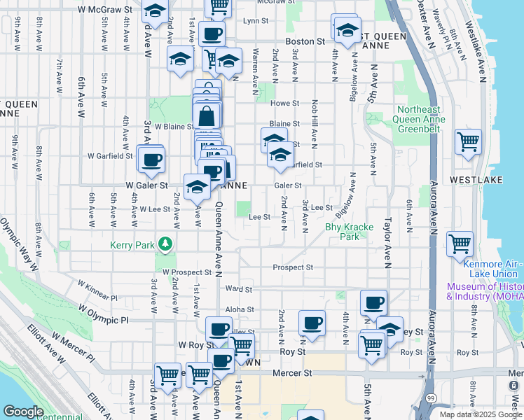 map of restaurants, bars, coffee shops, grocery stores, and more near 161 Lee Street in Seattle