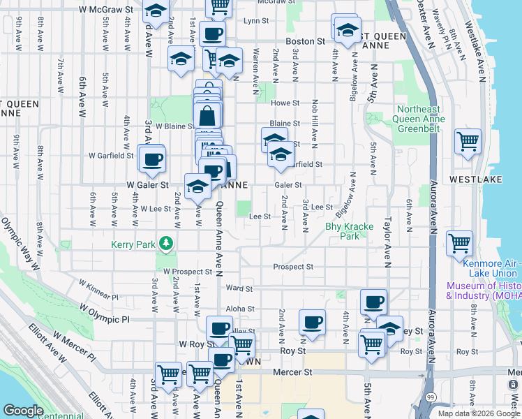map of restaurants, bars, coffee shops, grocery stores, and more near 161-165 Lee Street in Seattle