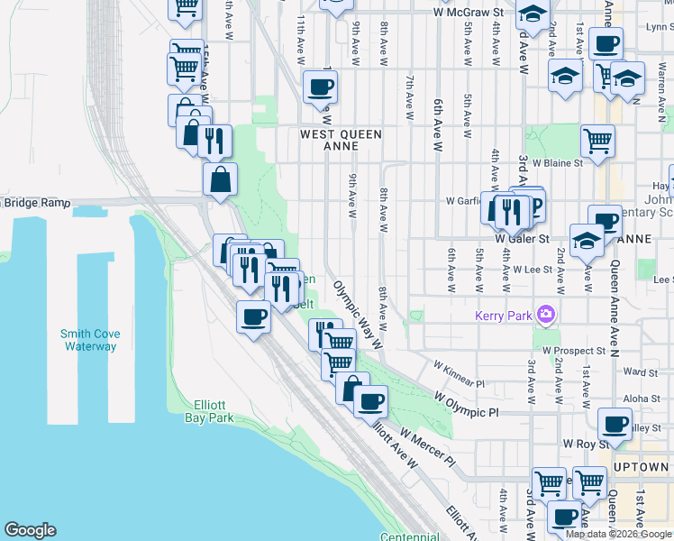 map of restaurants, bars, coffee shops, grocery stores, and more near in Seattle