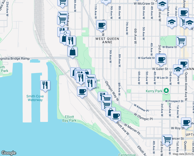 map of restaurants, bars, coffee shops, grocery stores, and more near 1015 West Lee Street in Seattle