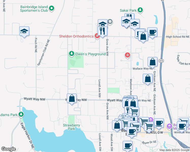 map of restaurants, bars, coffee shops, grocery stores, and more near 649 Moji Lane Northwest in Bainbridge Island