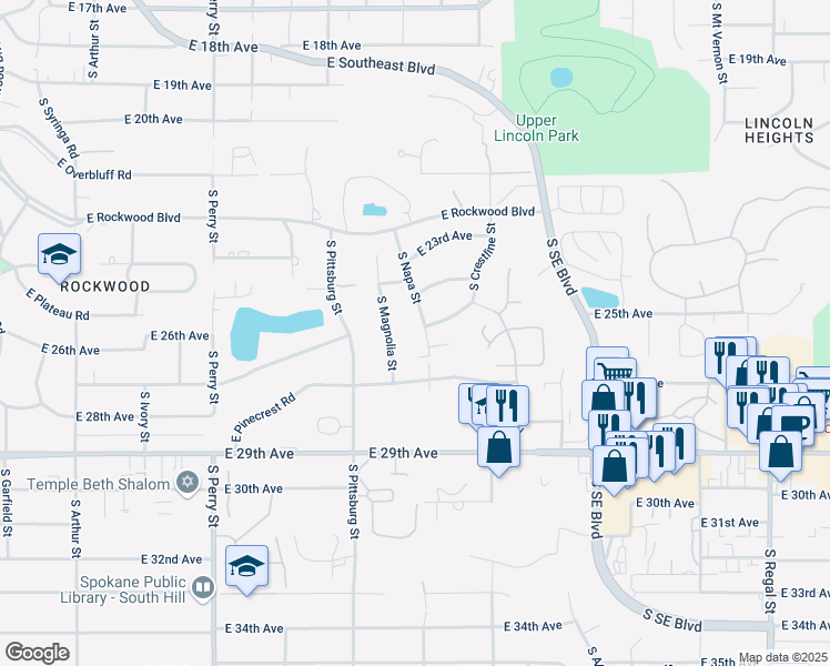 map of restaurants, bars, coffee shops, grocery stores, and more near 2521 South Magnolia Street in Spokane