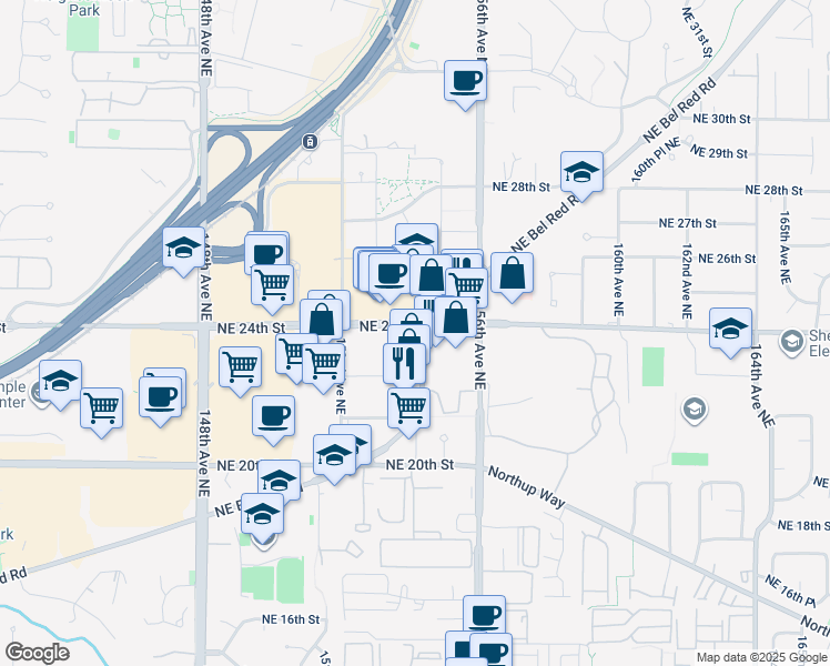map of restaurants, bars, coffee shops, grocery stores, and more near 2355 Bel-Red Road in Redmond