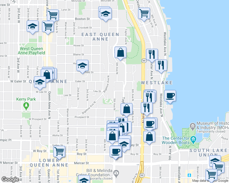 map of restaurants, bars, coffee shops, grocery stores, and more near 5th Ave N & Lee St in Seattle