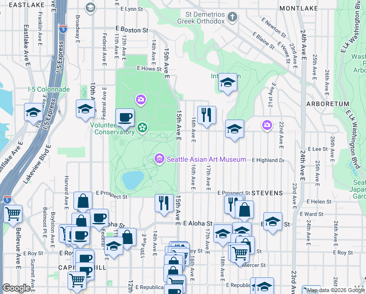 map of restaurants, bars, coffee shops, grocery stores, and more near 1210 15th Avenue East in Seattle