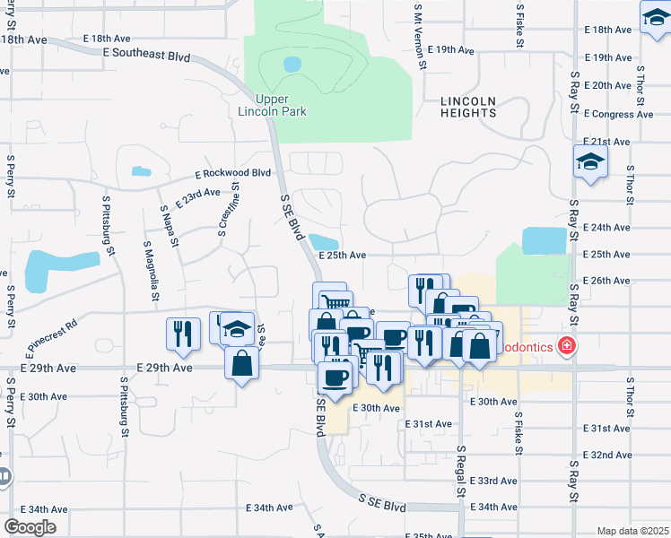 map of restaurants, bars, coffee shops, grocery stores, and more near 2607A South Southeast Boulevard in Spokane