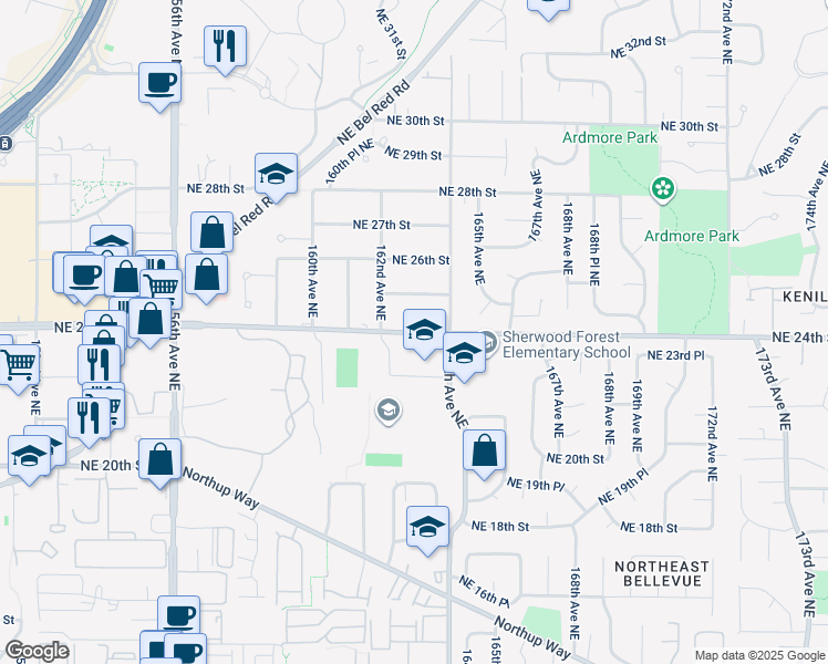 map of restaurants, bars, coffee shops, grocery stores, and more near 16245 Northeast 24th Street in Bellevue