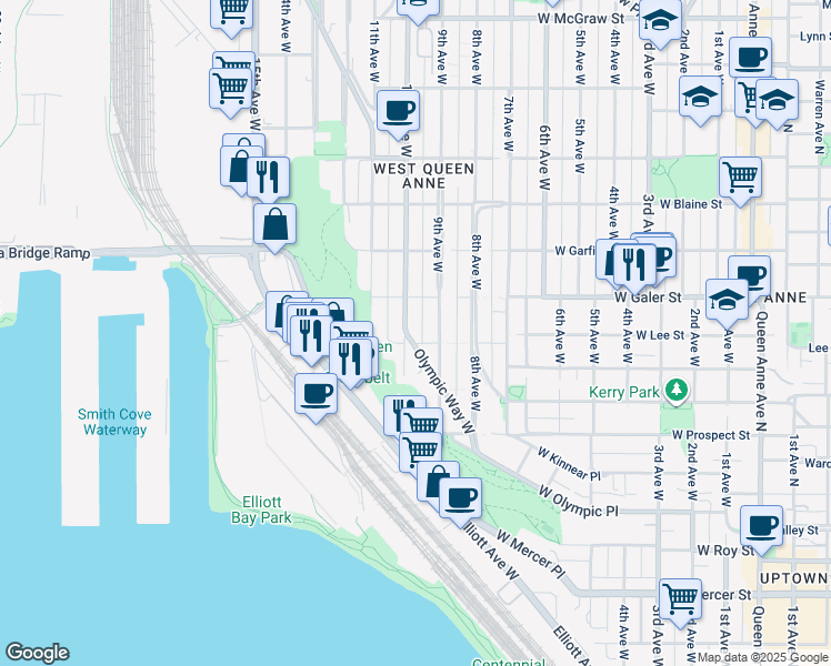 map of restaurants, bars, coffee shops, grocery stores, and more near in Seattle