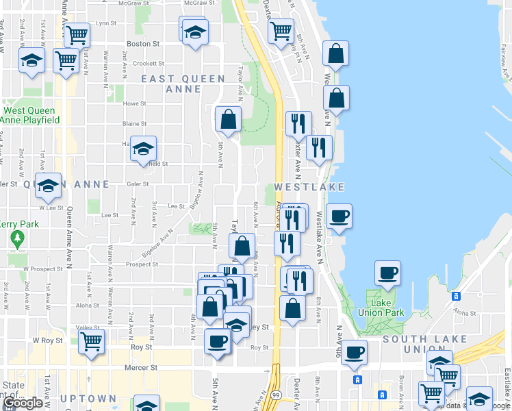 map of restaurants, bars, coffee shops, grocery stores, and more near 6th Ave N & Lee St in Seattle