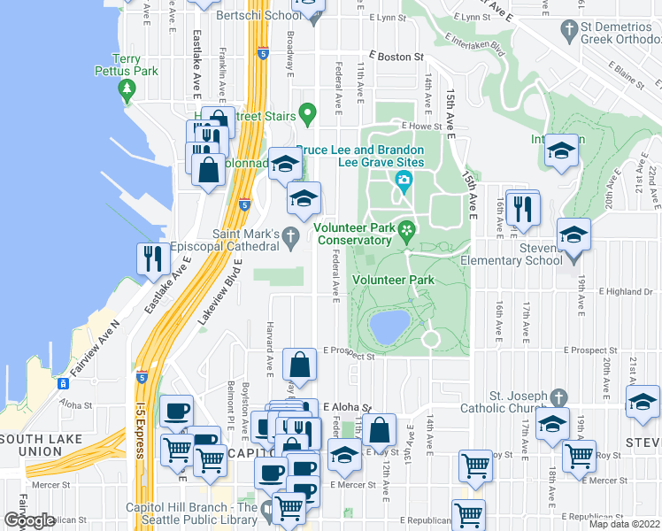 map of restaurants, bars, coffee shops, grocery stores, and more near 1233 Federal Avenue East in Seattle