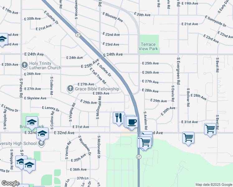map of restaurants, bars, coffee shops, grocery stores, and more near 13219 East 29th Avenue in Spokane Valley
