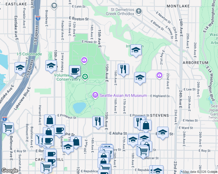 map of restaurants, bars, coffee shops, grocery stores, and more near 1211 16th Avenue East in Seattle