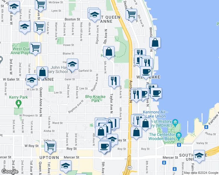 map of restaurants, bars, coffee shops, grocery stores, and more near 1246 Taylor Avenue North in Seattle