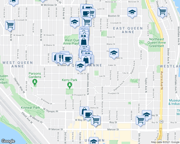 map of restaurants, bars, coffee shops, grocery stores, and more near in Seattle