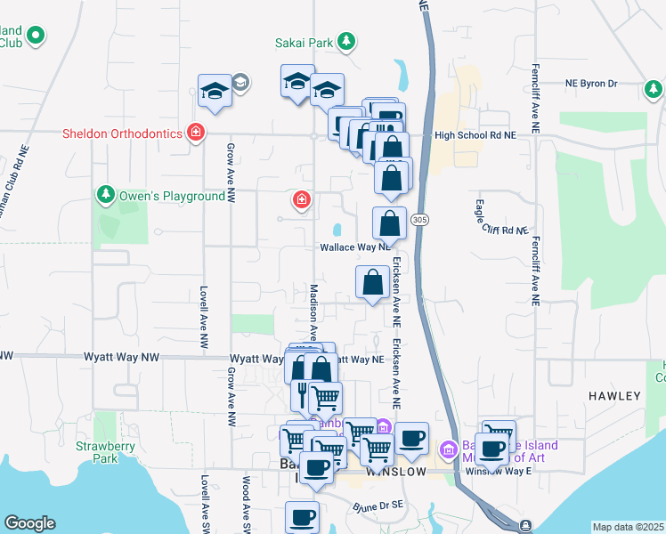 map of restaurants, bars, coffee shops, grocery stores, and more near 788 Madison Avenue North in Bainbridge Island