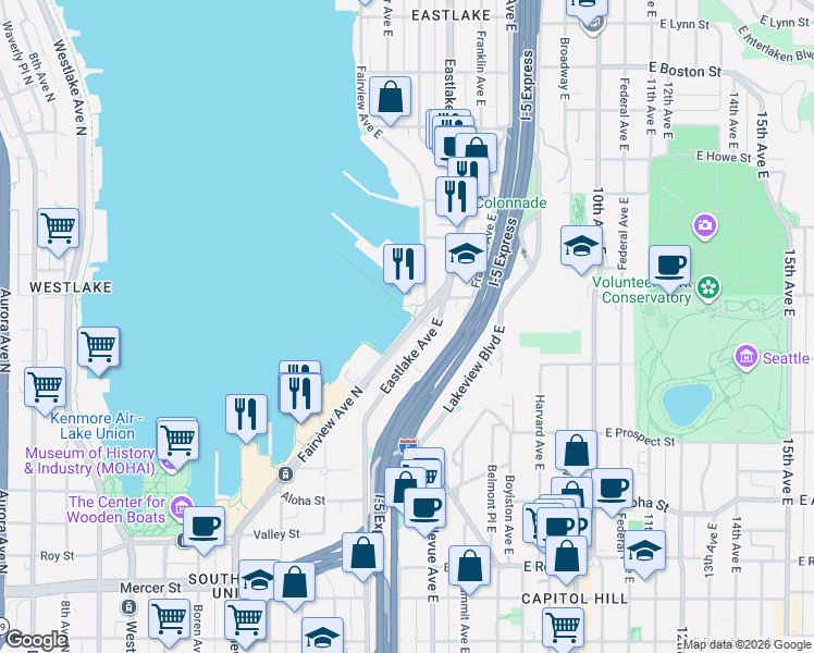 map of restaurants, bars, coffee shops, grocery stores, and more near 1325 Fairview Avenue North in Seattle