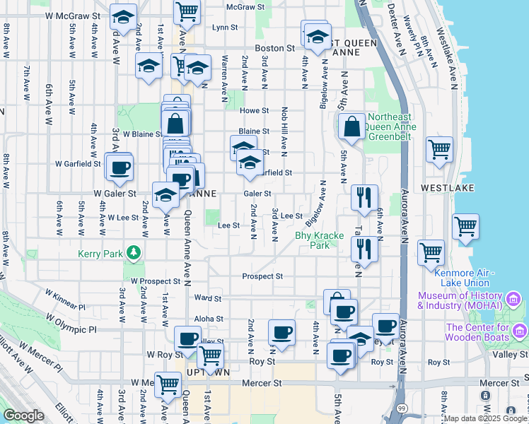 map of restaurants, bars, coffee shops, grocery stores, and more near 201 Galer Street in Seattle