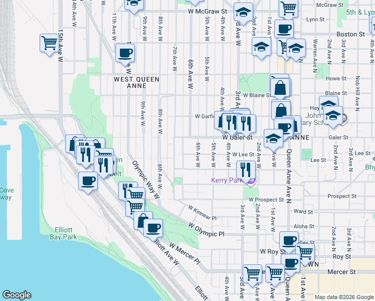 map of restaurants, bars, coffee shops, grocery stores, and more near 620 West Lee Street in Seattle