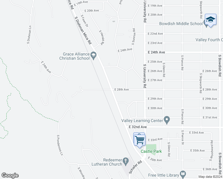 map of restaurants, bars, coffee shops, grocery stores, and more near 2915 South Dishman Mica Road in Spokane Valley