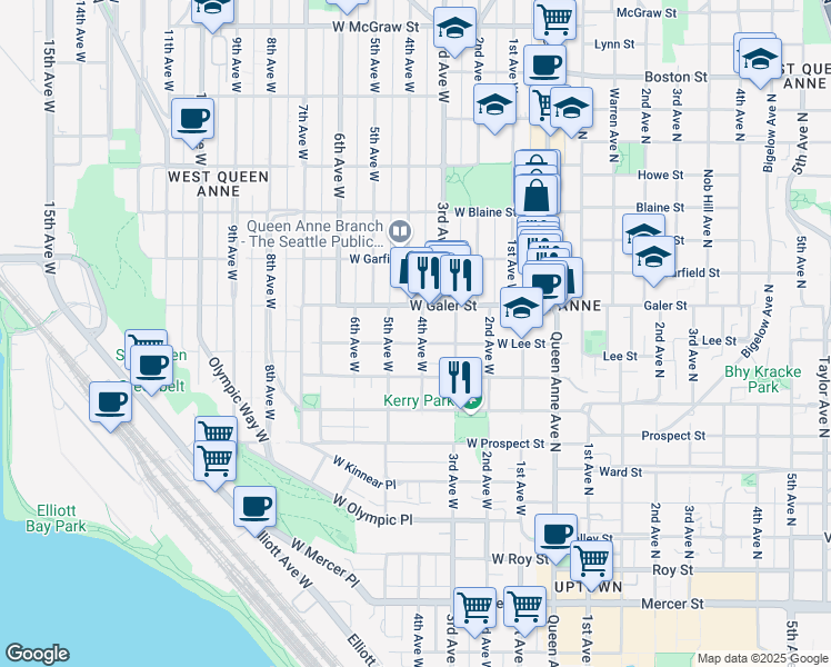 map of restaurants, bars, coffee shops, grocery stores, and more near 411 West Lee Street in Seattle