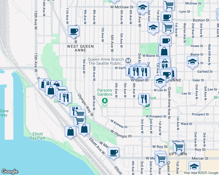 map of restaurants, bars, coffee shops, grocery stores, and more near 620 West Lee Street in Seattle