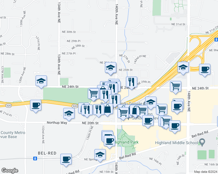 map of restaurants, bars, coffee shops, grocery stores, and more near Northeast 24th Street in Bellevue