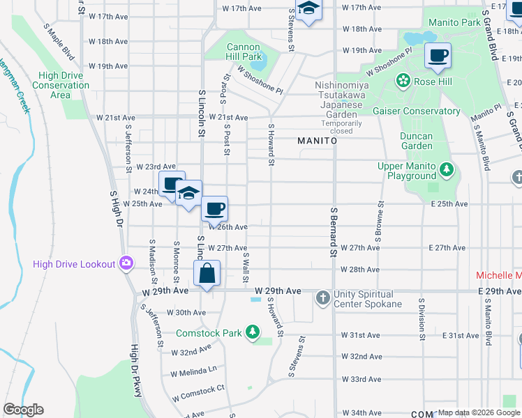 map of restaurants, bars, coffee shops, grocery stores, and more near 618 West 26th Avenue in Spokane