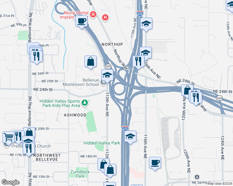 map of restaurants, bars, coffee shops, grocery stores, and more near 2257 112th Avenue Northeast in Bellevue
