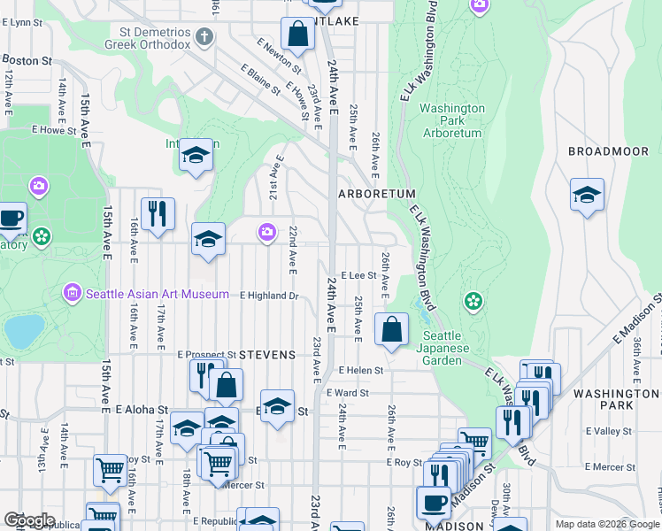 map of restaurants, bars, coffee shops, grocery stores, and more near 2417 East Lee Street in Seattle