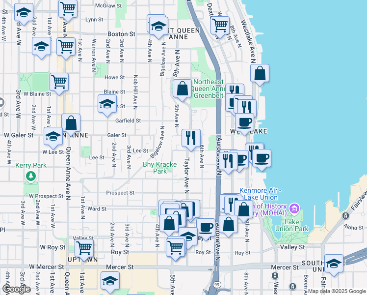 map of restaurants, bars, coffee shops, grocery stores, and more near 1246 Taylor Avenue North in Seattle