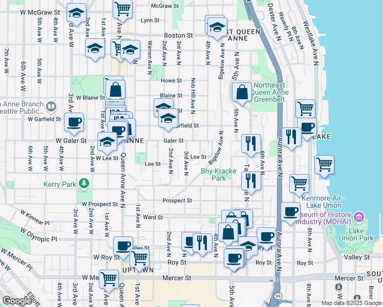 map of restaurants, bars, coffee shops, grocery stores, and more near 317 Lee Street in Seattle
