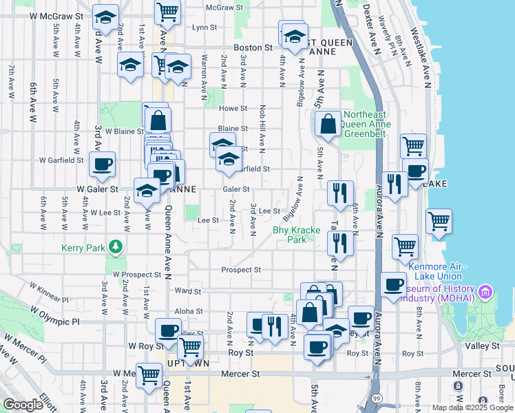 map of restaurants, bars, coffee shops, grocery stores, and more near 317 Lee Street in Seattle