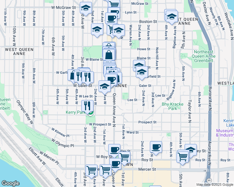 map of restaurants, bars, coffee shops, grocery stores, and more near in Seattle