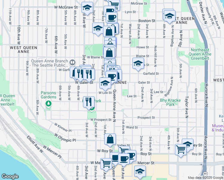 map of restaurants, bars, coffee shops, grocery stores, and more near in Seattle