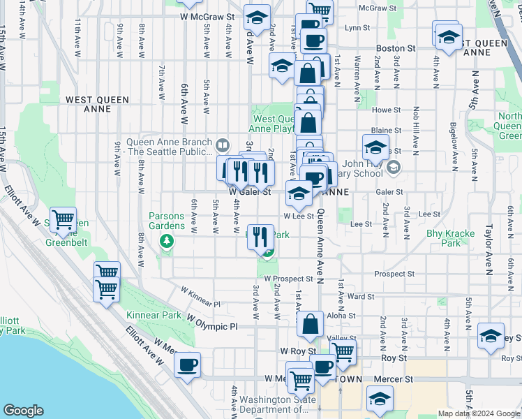 map of restaurants, bars, coffee shops, grocery stores, and more near in Seattle