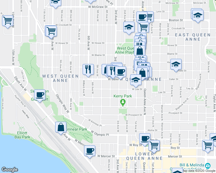 map of restaurants, bars, coffee shops, grocery stores, and more near 411 West Lee Street in Seattle