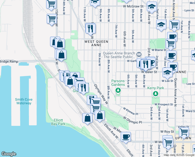 map of restaurants, bars, coffee shops, grocery stores, and more near in Seattle