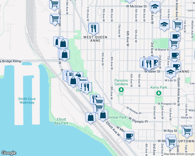 map of restaurants, bars, coffee shops, grocery stores, and more near in Seattle