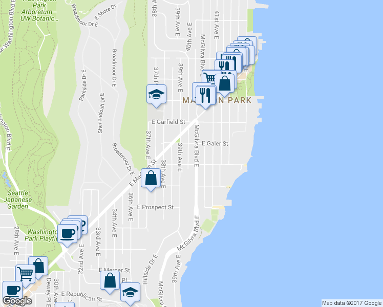 map of restaurants, bars, coffee shops, grocery stores, and more near 1419 McGilvra Boulevard East in Seattle