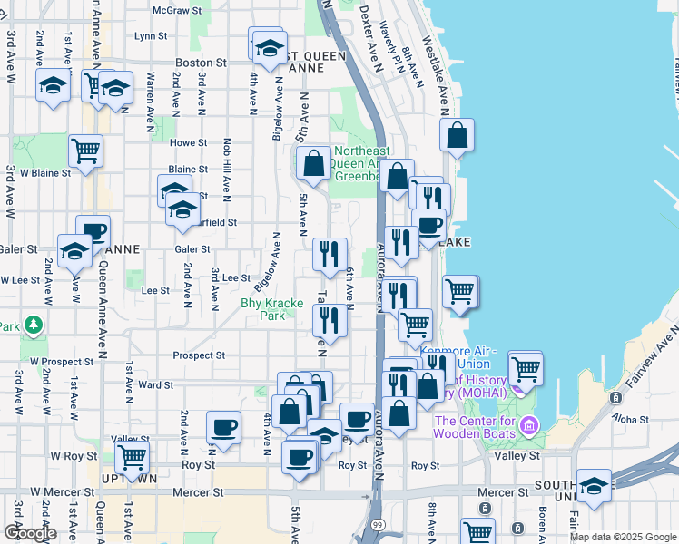 map of restaurants, bars, coffee shops, grocery stores, and more near 564 Lee Street in Seattle