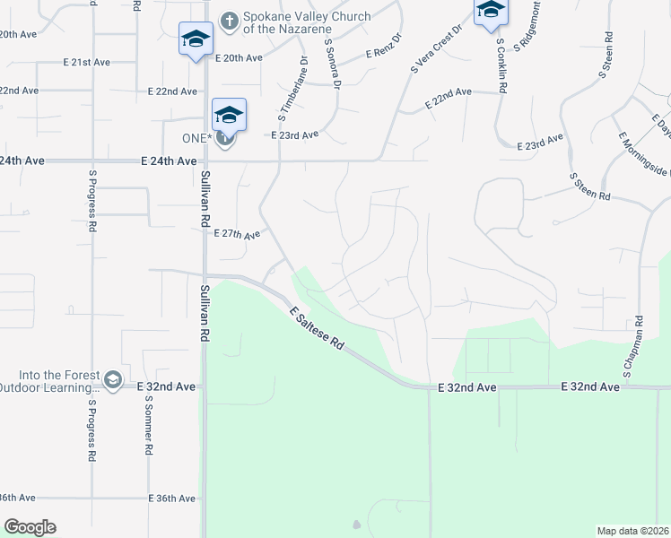 map of restaurants, bars, coffee shops, grocery stores, and more near 2830 South Timberlane Drive in Spokane Valley