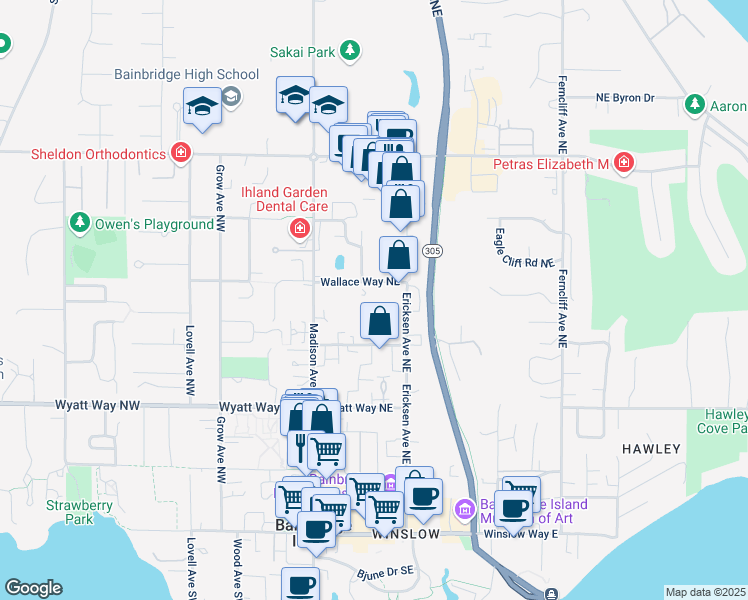 map of restaurants, bars, coffee shops, grocery stores, and more near 353 Wallace Way Northeast in Bainbridge Island