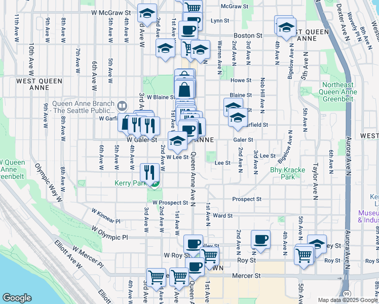 map of restaurants, bars, coffee shops, grocery stores, and more near 1409 Queen Anne Avenue North in Seattle