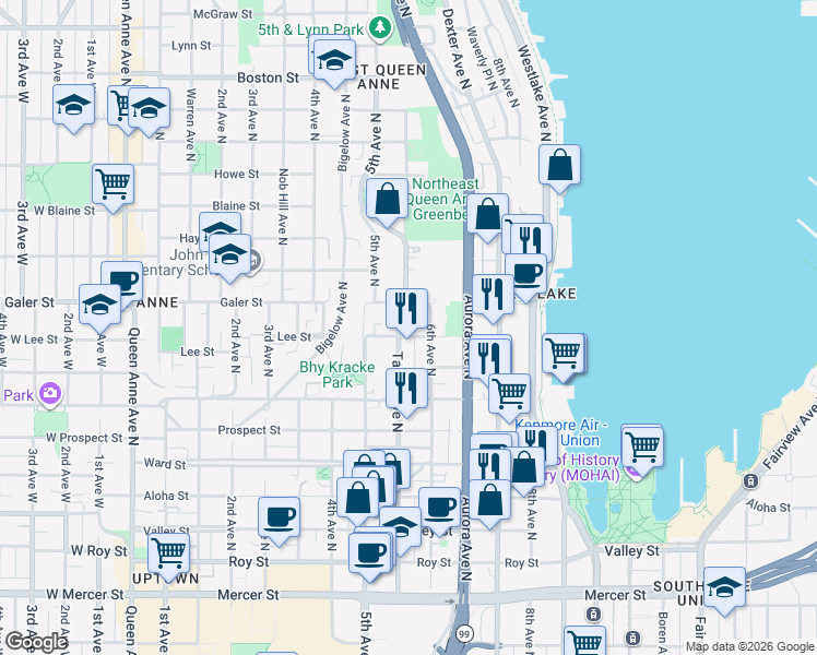 map of restaurants, bars, coffee shops, grocery stores, and more near 1246 Taylor Avenue North in Seattle