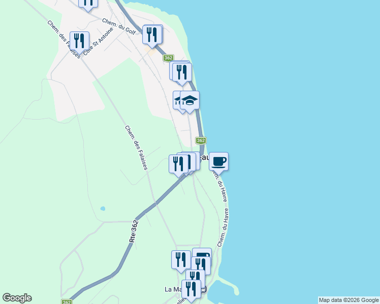 map of restaurants, bars, coffee shops, grocery stores, and more near 605 Rue Richelieu in La Malbaie