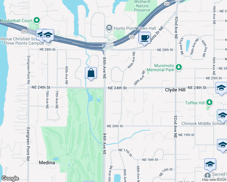 map of restaurants, bars, coffee shops, grocery stores, and more near 2320 85th Place Northeast in Clyde Hill