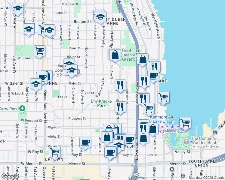 map of restaurants, bars, coffee shops, grocery stores, and more near 510 Lee Street in Seattle