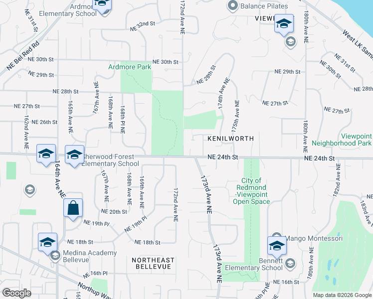 map of restaurants, bars, coffee shops, grocery stores, and more near 2462 172nd Avenue Northeast in Redmond