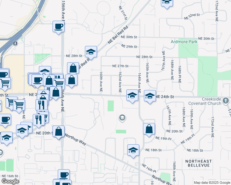 map of restaurants, bars, coffee shops, grocery stores, and more near in Bellevue