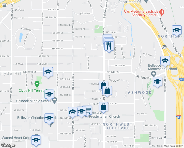 map of restaurants, bars, coffee shops, grocery stores, and more near 10239 Northeast 23rd Street in Bellevue